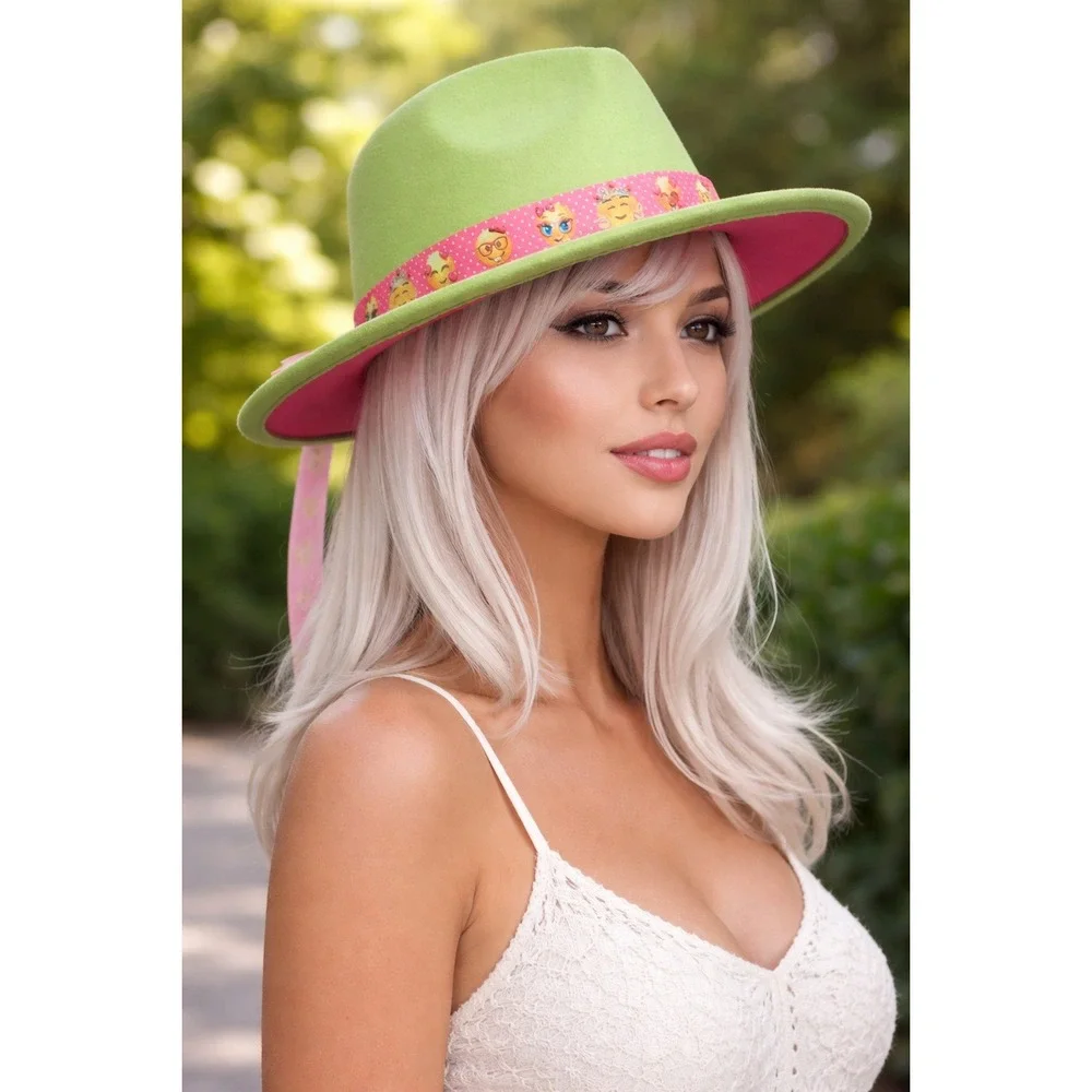 Fedora Hat Green Outside & Hot Pink‎ Inside with Pink Emoji Headband